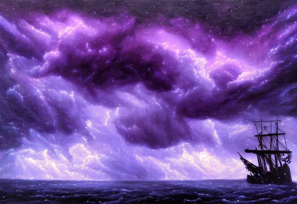 Image similar to purple color lighting storm with stormy sea close up of a pirate ship firing its cannons trippy nebula sky with dramatic clouds painting by banksy Photorealism