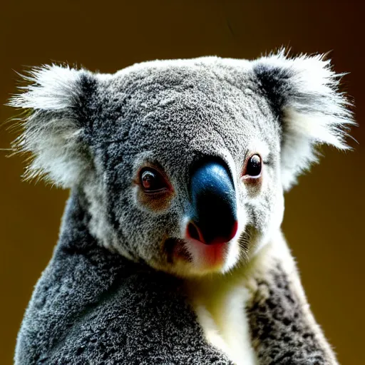 Prompt: award winning nature photograph of a koala with a bird's beak. extreme detail, hyperrealistic photo, smooth, trending on artstation