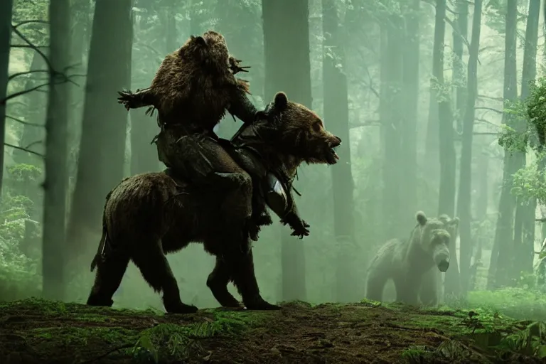 Image similar to vfx movie closeup detailed ancient armored warrior orc hunting riding large bear in the forest, natural lighting by emmanuel lubezki