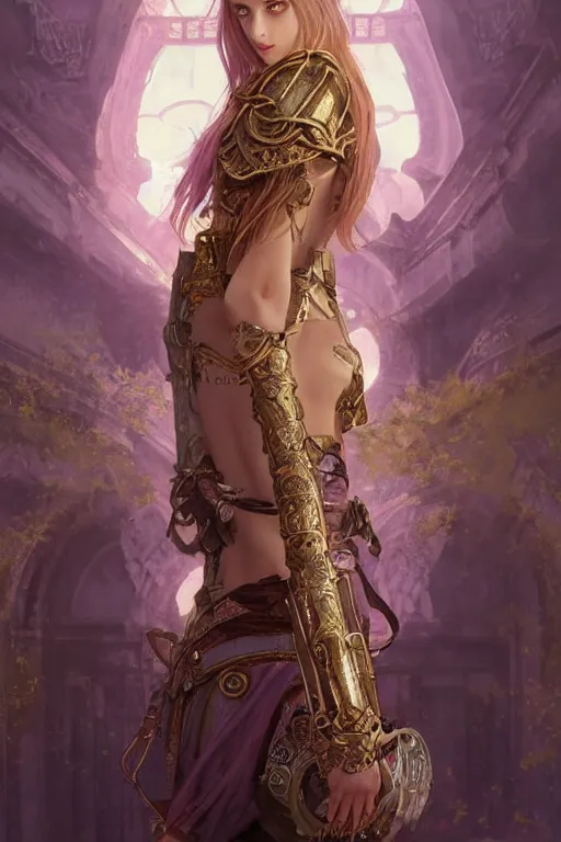 Image similar to portrait knights of Zodiac girl, metalic pink and pale violet reflected armor, in ruined Agora of Athens sunrise, ssci-fi, fantasy, intricate, very very beautiful, elegant, golden light, highly detailed, digital painting, artstation, concept art, smooth, sharp focus, illustration, art by tian zi and WLOP and alphonse mucha