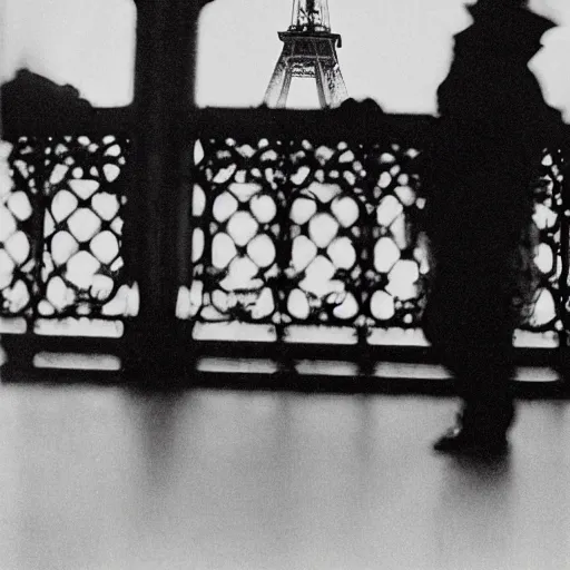 Prompt: vampires in the eiffel tower, lens blur, vintage photograph