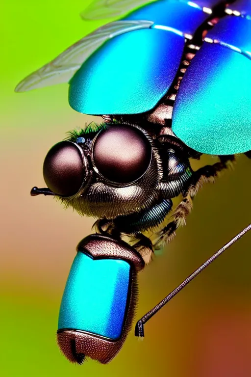 Image similar to high quality macro robot metallic tachinid fly! gorgeous highly detailed hannah yata elson peter cinematic turquoise lighting high quality low angle hd 8k sharp shallow depth of field