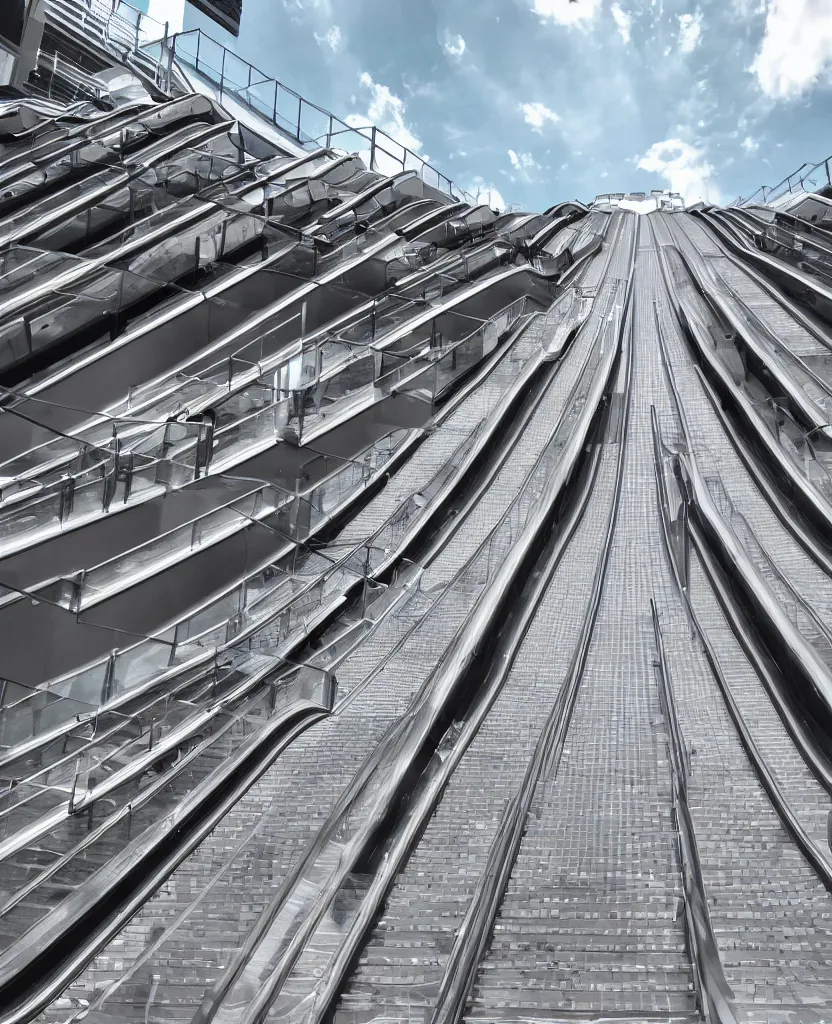 Image similar to rows of escalators leading endlessly into the sky, sunny day, clouds, cinematic, masterpiece