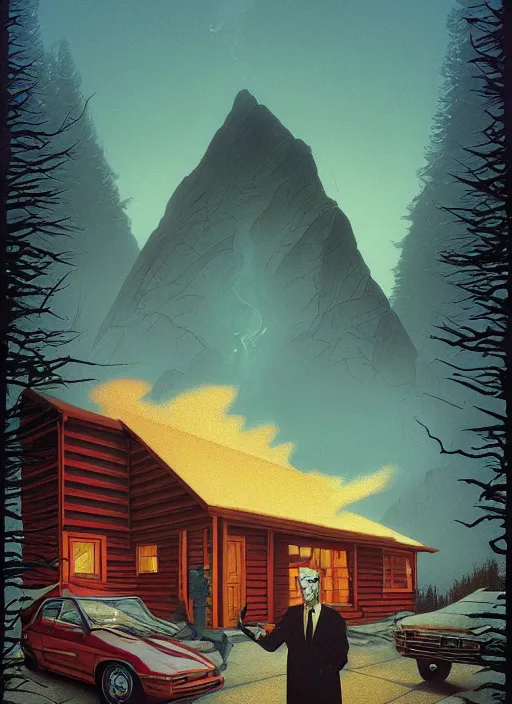 Prompt: Twin Peaks poster artwork by Michael Whelan and Tomer Hanuka, Rendering of Nicola Tesla next to cabin, full of details, by Makoto Shinkai and thomas kinkade, Matte painting, trending on artstation and unreal engine