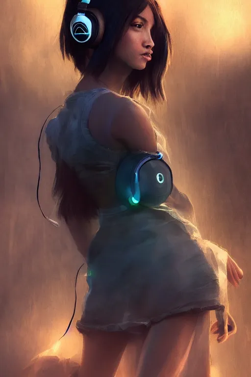 Image similar to A stunningly beautiful girl with headphones on, her clothes are made of dubstep, wub wub wub, dramatic lighting, cinematic, establishing shot, extremely high detail, foto realistic, cinematic lighting, post processed, concept art, high details, cinematic, 8k resolution, beautiful detailed, photorealistic, digital painting, artstation, concept art, smooth, sharp focus, artstation trending, octane render, unreal engine