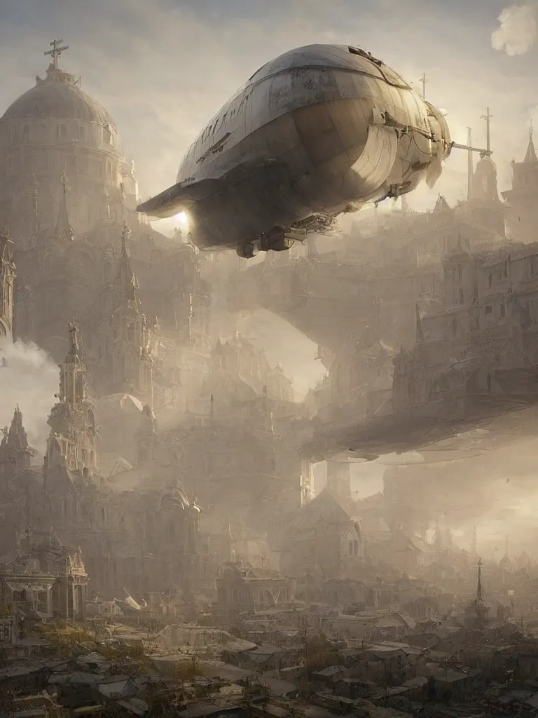 Image similar to a large dieselpunk airship is standing in the air over a splendid white church in russia, full morning sun, matte painting by greg rutkowski, craig mullins, federico pelat, levitan, rozalski