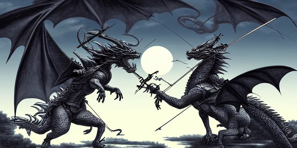 Image similar to korean archer shooting a dragon. the moon is in the sky. there is a river. dark fantasy. high resolution. detailed. digital art. kentaro miura.