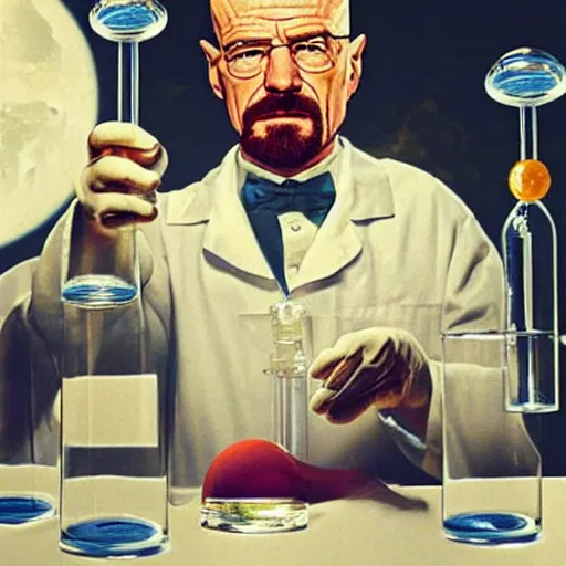 Prompt: Walter White on the moon, with test tubes and beakers filled with various liquids