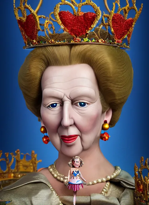 Image similar to closeup face profile portrait of tin toy margaret thatcher as a fairytale princess wearing a crown eating cakes, bikini, depth of field, zeiss lens, detailed, symmetrical, centered, fashion photoshoot, by nicoletta ceccoli, mark ryden, lostfish, breathtaking, 8 k resolution, extremely detailed, beautiful, establishing shot, artistic, hyperrealistic, octane render