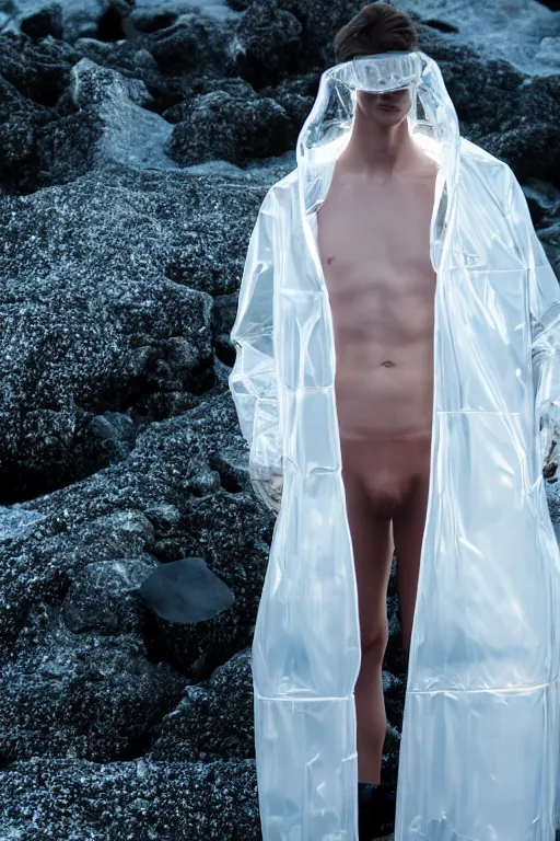 Image similar to an ultra high definition professional high fashion portrait studio full length photograph of a male model wearing a transparent pearlescent raincoat and neon visor planking in an icelandic black rock environment at dawn. no artefacts. extremely detailed. stark. refraction. shallow depth of field. volumetric light and shadow. ray tracing. light rays.