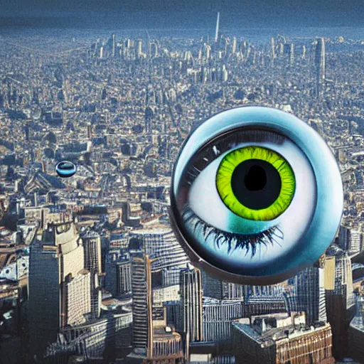 Image similar to big eye flies above the city, photorealistic