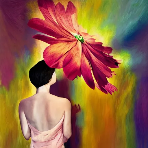 Image similar to huge flower as head, woman standing in a luxury apartment, surreal photography, dramatic light, impressionist painting, digital painting, artstation, georgia o'keeffe