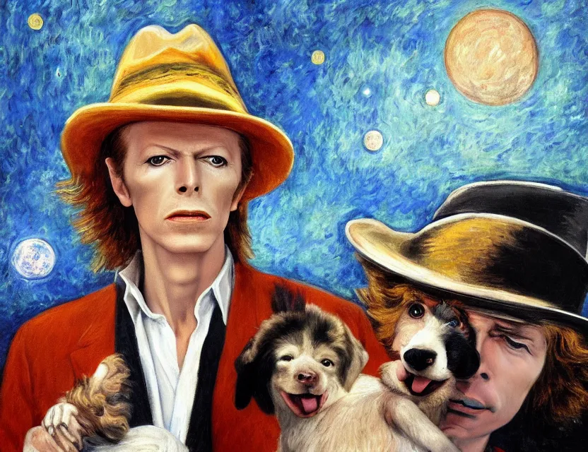 Image similar to an oil painting of david bowie wearing a fedora, kicking a puppy on the moon. painted by monet. baroque elements. baroque element. intricate artwork by caravaggio. oil painting. oil on canvas. award winning. dramatic. trending on artstation. 8 k