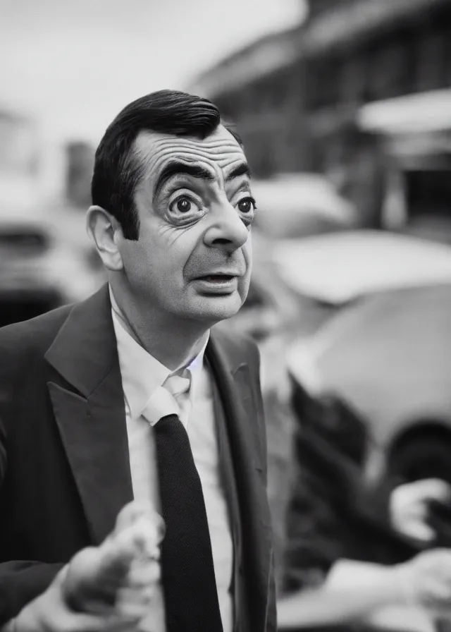 Image similar to close up photo of mr bean as james bond in london, 4 0 mm f / 2. 8, cinematic, cool, anamorphic, dramatic