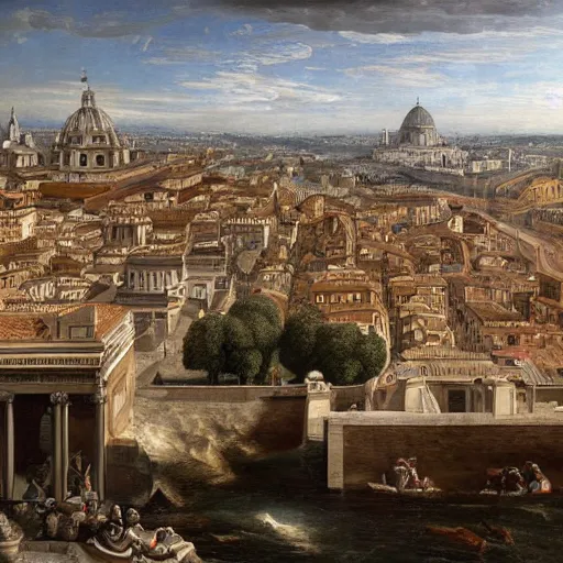 Prompt: highly detailed painting of the inner city of rome during 2 2 0 bc, 4 k resolution, by jaquis luis david, visible paint layers, renaissance.