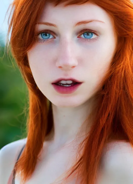 Image similar to close up portrait photograph of a thin young redhead woman with russian descent, sunbathed skin, with deep blue symmetrical!! eyes and Wavy long maroon colored hair who looks directly at the camera, with a Slightly open mouth, face takes up half of the photo. a park visible in the background. 55mm nikon. Intricate. Very detailed 8k texture. Sharp. Cinematic post-processing. Award winning portrait photography. Sharp eyes.