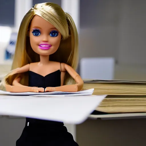 Image similar to a barbie doll with an exhausted!!!!!! expression sits at a desk in her office. the desk is overflowing!!! with several large stacks!!! of paper that surround her entirely. her head is resting on her hand, photorealistic,