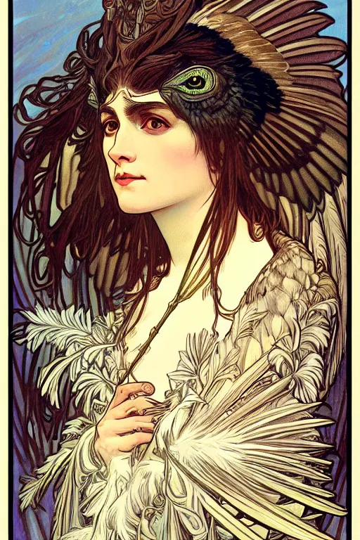 Image similar to head and shoulders portrait of a harpy, eagle wings, feathers, beautiful, female, magical, high fantasy, d & d, by alphonse mucha, face details, extremely detailed, digital illustration