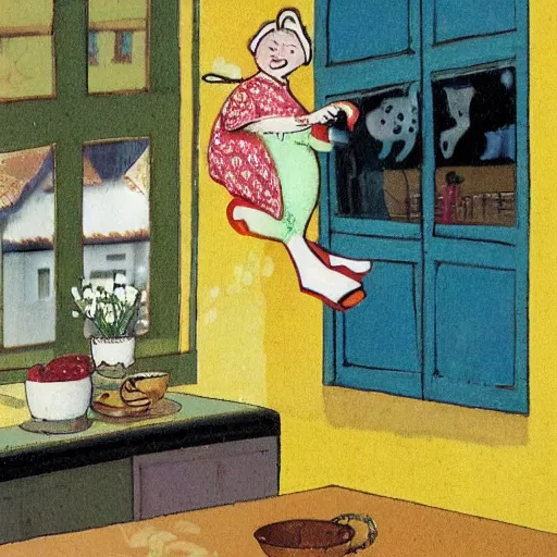 Prompt: a modeen etchine art work of a fat old woman flying trough the window into the kitchen. funny scene