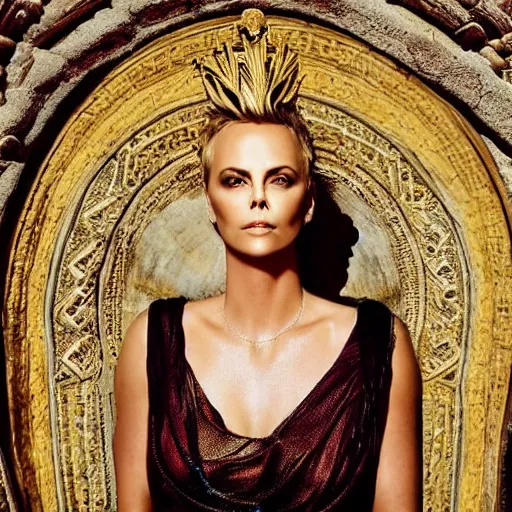 Image similar to “ majestic gracious regal deity charlize theron portrait, ancient greece, atmospheric lighting, painted, intricate, volumetric lighting, beautiful, rich deep colours masterpiece, golden hour, sharp focus, ultra detailed, by kai carpenter ”