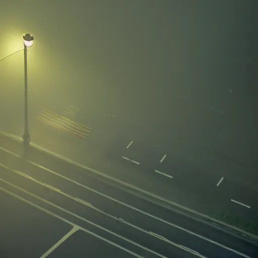 Image similar to A stunningly beautiful award-winning 8K high angle cinematic movie photograph of a foggy main intersection in an abandoned 1950s small town at night, by Edward Hopper and David Fincher and Darius Khonji, cinematic lighting, perfect composition, moody low key volumetric light. Color palette from Seven. Shot from above, 3 point perspective