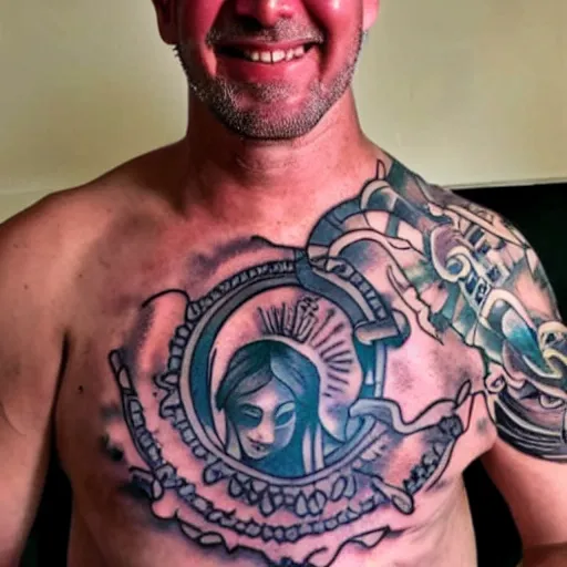 Prompt: a joyous bald man with a tattoo of a pink - haired goddess on his chest