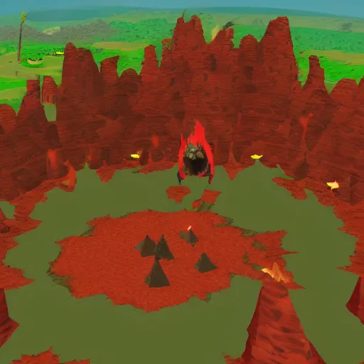 Image similar to TzKal-Zuk at the Inferno, old school runescape, lava river, magma, large shield of magma, obsidian pillars