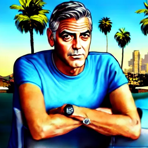 Image similar to george clooney in gta v. los santos in background, palm trees in the art style of stephen bliss