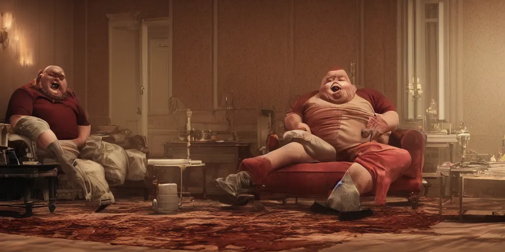 Image similar to a highly detailed photographic render of a fat scary man in a bloody living room, scary man watching tv, horror sci-fi, horror science fiction, biology, horror, cinematic, cinematic horror, cinematic lighting, cinematic scene, cinematic render, film, horror film, beautifully lit, ray traced, octane 3D render, octane render, unreal engine