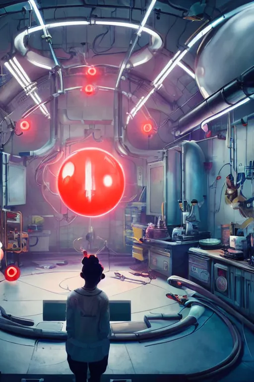 Image similar to bunch of mechanics operating bloody mickey mouse head in science facility, big glowing netflix logo behind, greg rutkowski, beeple, gilleard, alphonse mucha cgsociety, unreal engine, octane render, highly detailed 4 k art, smooth, sharp focus, cinematic lighting,