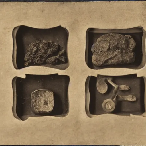 Image similar to Tintype photograph of primitive objects displayed in an ethnographic museum, archive material, anthropology,in the style of Marcel Duchamp, found objects, ready-made, 1920s studio lighting.