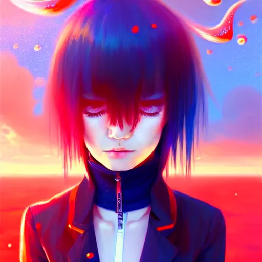 Image similar to giant droplets of water floating around rimuru tempest, flying with wings, sky blue straight hair, bangs, with amber eyes, red tailcoat, high collar, ultra fine detail, dark theme, digital painting, psychedelic, cinematic, wlop, pixiv, ilya kuvshinov, ross tran