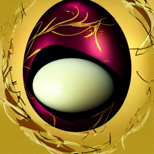 Image similar to a translucent glowing egg with swirls of red and blue emerging from the blossom of a metallic gold flower with tendrils of gold wrapping around the egg, magic eggplant, fantasy concept art