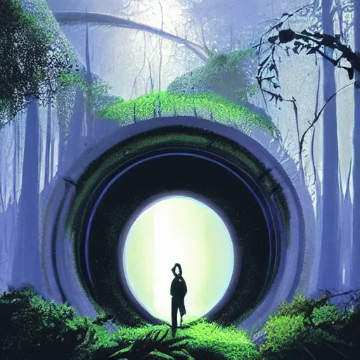 Image similar to portal in a middle of a lush futuristic forest, alien world seen through a portal, person in a cloak standing in front of a portal, syd mead, john harris