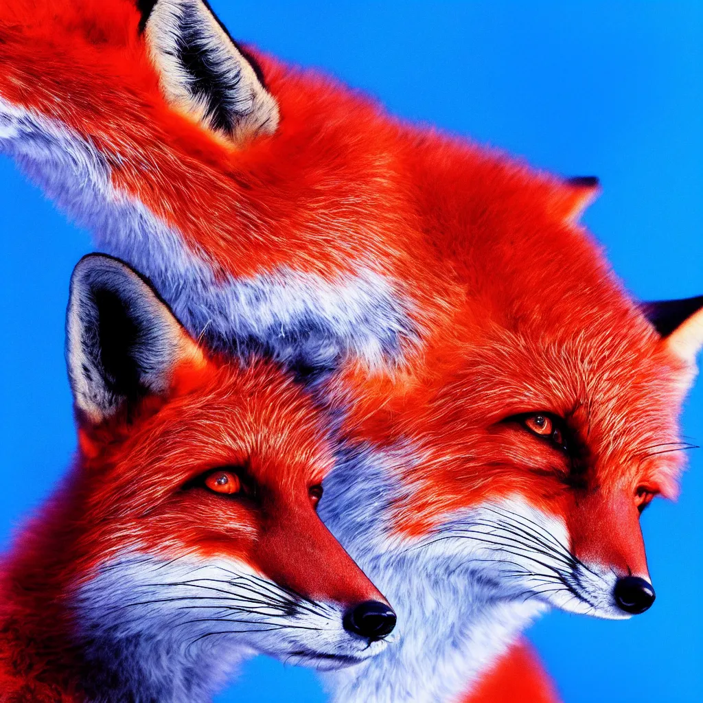 Prompt: a close-up profile shot of a standing red fox in a blue hoodie on a white background, concept art, synthwave style, digital art picture