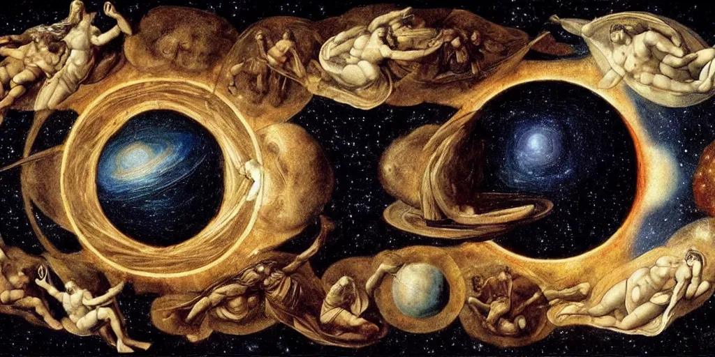 Image similar to the creation of the universe, planets and stars, in the style of leonardo da vinci