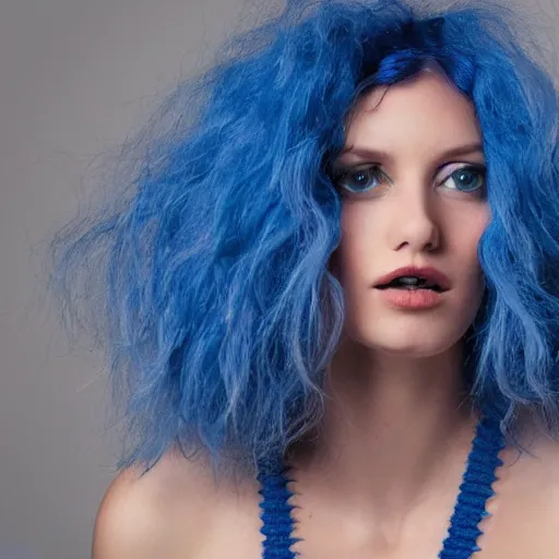 Image similar to A photo of a caucasian female model with blue hair wearing a crocheted croptop.