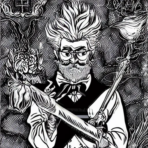 Image similar to black and white pen and ink!!!! Twin Peaks Black Lodge goetic vampire Colonel Sanders handsome beard golden!!!! Vagabond!!!! floating magic swordsman!!!! glides through a beautiful!!!!!!! liquid magic floral crystal battlefield dramatic esoteric!!!!!! pen and ink!!!!! illustrated in high detail!!!!!!!! by Moebius and Hiroya Oku!!!!!!!!! graphic novel published on 2049 award winning!!!! full body portrait!!!!! action exposition manga panel black and white Shonen Jump issue by David Lynch eraserhead and beautiful line art Hirohiko Araki!! Rossetti, Millais, Mucha