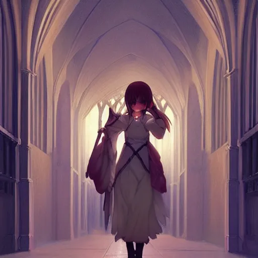 Image similar to angelic girl in intricate clothing walking a cathedralic hallway at night, very high detail, painting, anime, wlop, ilya kuvshinov, artgerm, krenz cushart, greg rutkowski, sana takeda