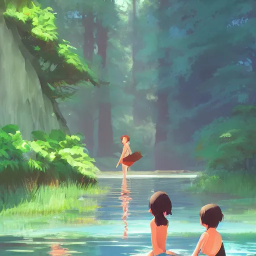 Image similar to summer camp, children playing in water, gorgeous, amazing, highly detailed, digital painting, artstation, concept art, sharp focus, illustration, art by makoto shinkai and thomas kindle and James gilleard