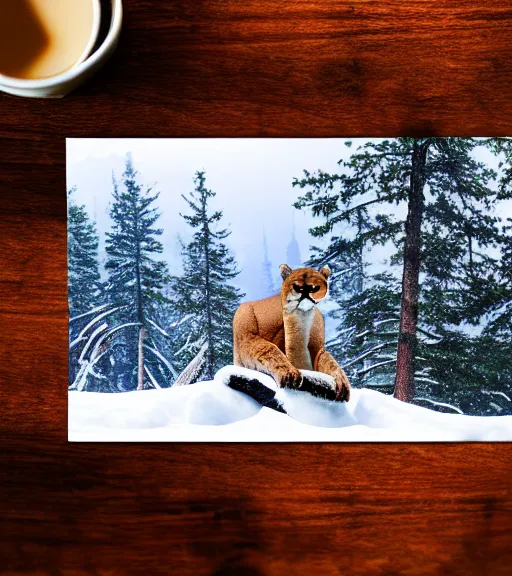 Image similar to ripped up postcard showing 'a cougar sleeping in the middle of snowy pine tree' laying on coffee table, zoomed out shot, HD, iphone capture