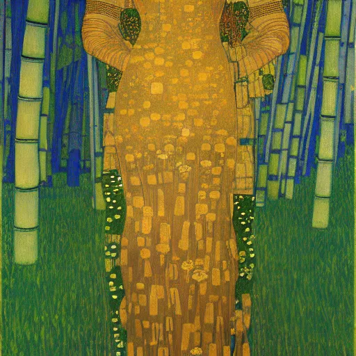 Image similar to fantasy art concept art beautiful lighting of a woman in a bamboo forest by klimt