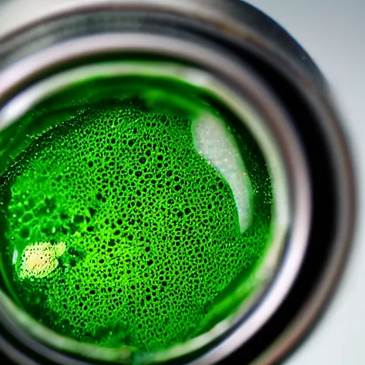 Image similar to close - up shot of a mason jar filled with cloudy green slime, macro lens, depth of field, bokeh