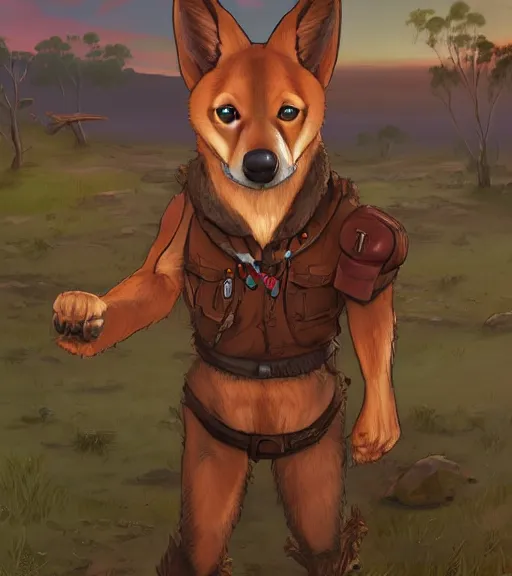 Image similar to stylized 3 / 4 portrait concept art of the anthro anthropomorphic dingo dog head animal person fursona wearing clothes adventurer standing in australia outback, hidari, color page, tankoban, 4 k, tone mapping, akihiko yoshida