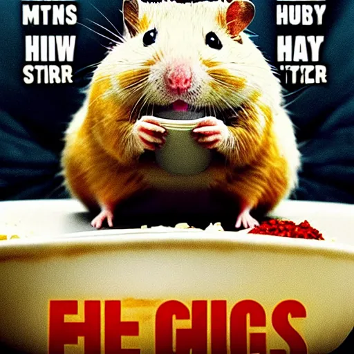 Image similar to an epic movie poster of a movie where a homeless hamster eats so much oatmeal he becomes obese, extremely fat hamster