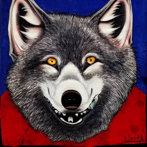 Prompt: portrait of retarded wolf, eyes in different directions, vivid colors, propaganda style, it looks sick, very ugly face, missing teeth