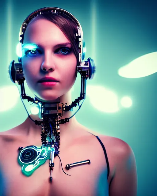 Prompt: photo of dreamy female as a solarpunk cyborg with fluorescent lamps over face, robotic body parts around neck, real human face with skin, ultra - realistic and detailed, long exposure, soft focus hdr 8 k