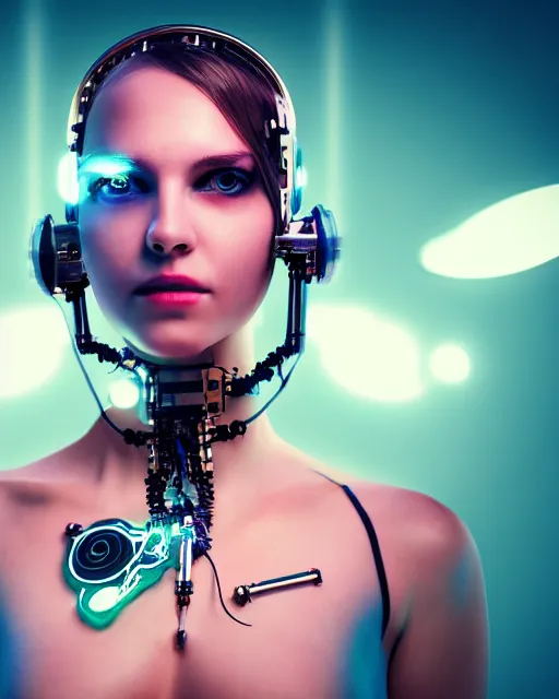 Image similar to photo of dreamy female as a solarpunk cyborg with fluorescent lamps over face, robotic body parts around neck, real human face with skin, ultra - realistic and detailed, long exposure, soft focus hdr 8 k