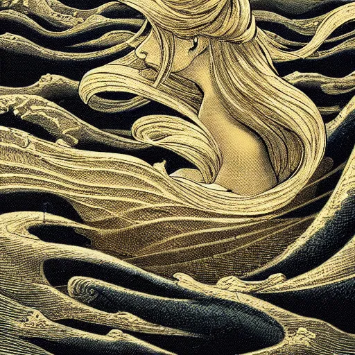 Prompt: gold and silver tones, alluring siren in the sea attracting a boat of sailors, style of moebius, james jean, rutkowski, mcbess, cinematic, high detail, award winning, 8 k photorealistic