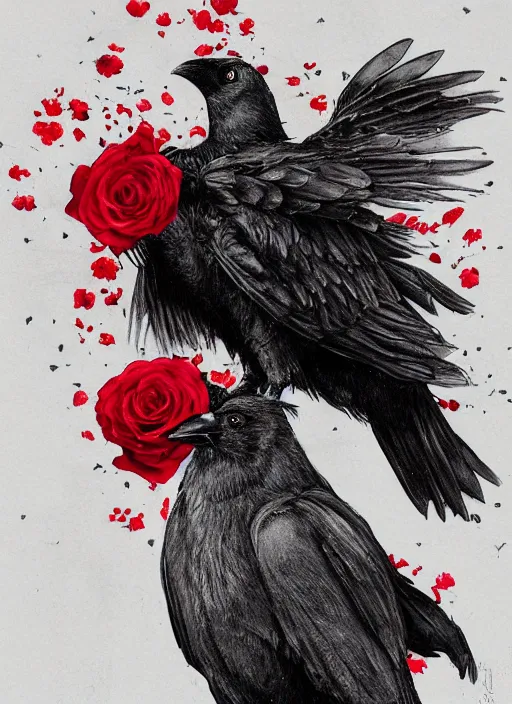 Image similar to portrait, A crow with red eyes in front of the full big moon, book cover, red roses, red white black colors, establishing shot, extremly high detail, foto realistic, cinematic lighting, pen and ink, intricate line drawings, by Yoshitaka Amano, Ruan Jia, Kentaro Miura, Artgerm, post processed, concept art, artstation, matte painting, style by eddie mendoza, raphael lacoste, alex ross